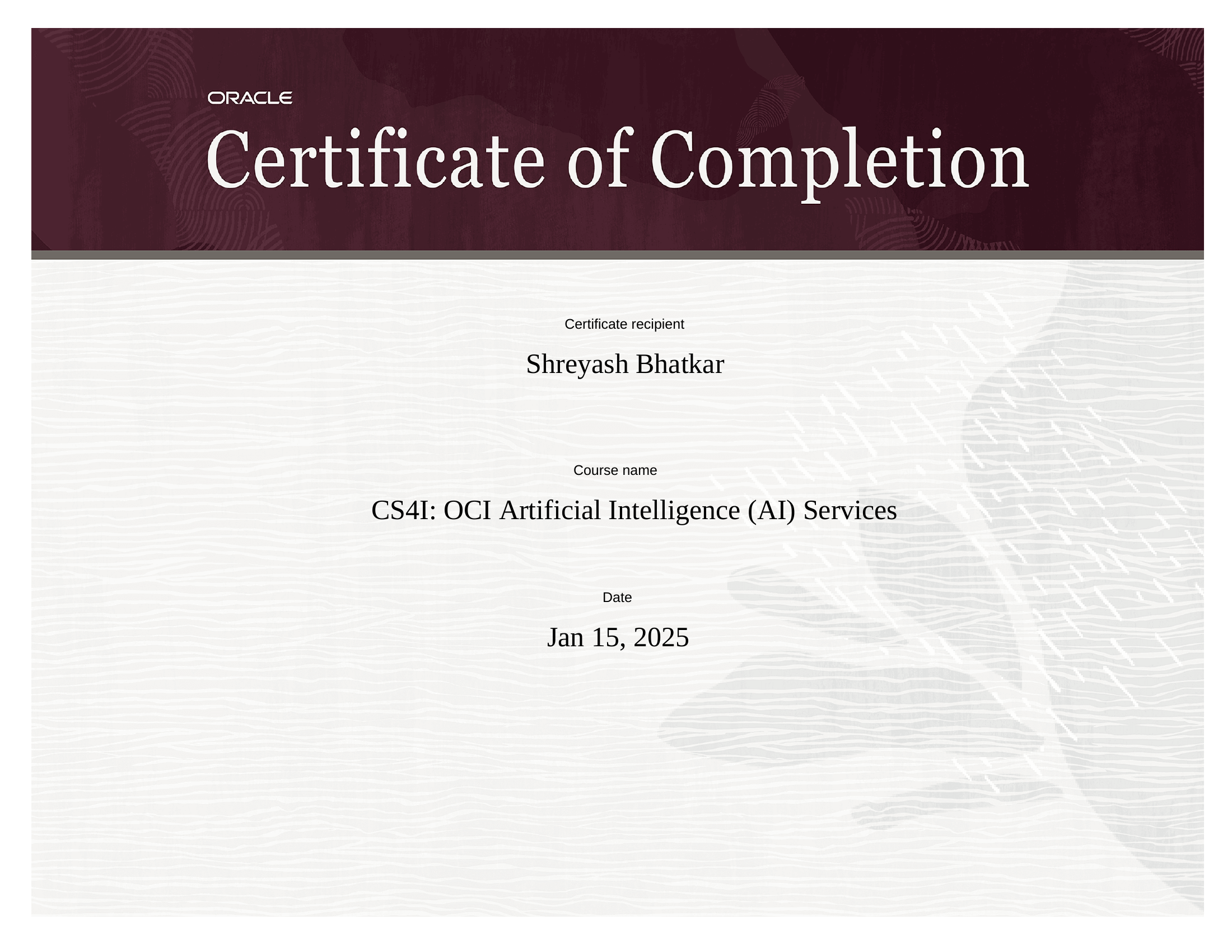OCI AI Services — Completion Certificate