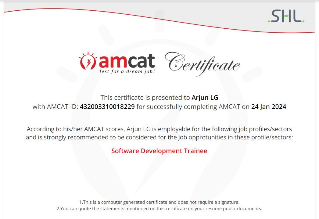 Software Developer Trainee — AMCAT (Badge)